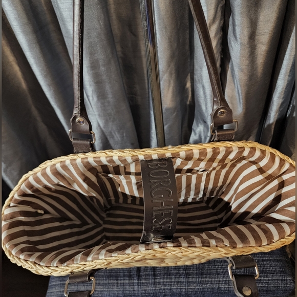 Borghese Large straw jute shoulder bag brown white pinstriped inside - Picture 6 of 10